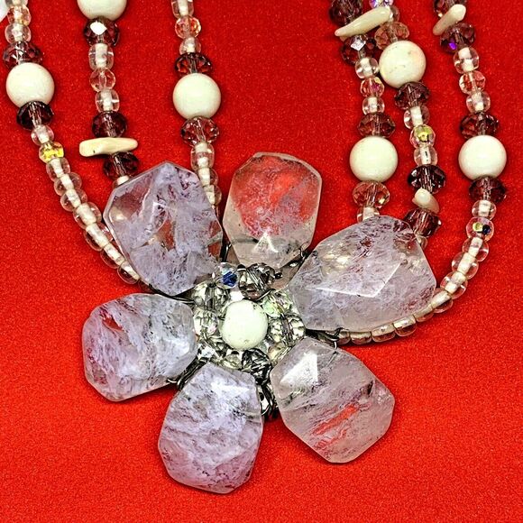 Crystal Quartz Healing Creativity White Flower Necklace Heavy 18in Chain Bridal - Picture 4 of 7